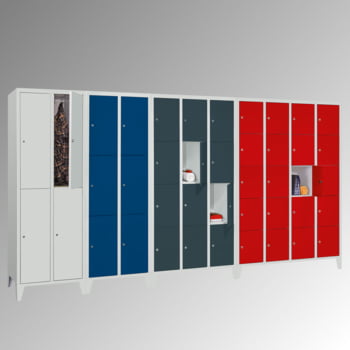 Schließfachschrank, 10 Fächer a 300 mm, 1.850x630x500 mm, Füße